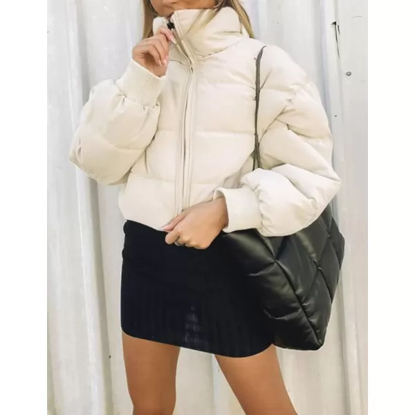 imageZESICA Womens Winter Warm Long Sleeve Zip Up Drawstring Baggy Cropped Puffer Down Jacket Coat OuterwearCream