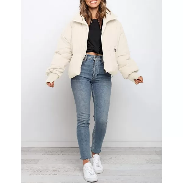 imageZESICA Womens Winter Warm Long Sleeve Zip Up Drawstring Baggy Cropped Puffer Down Jacket Coat OuterwearCream