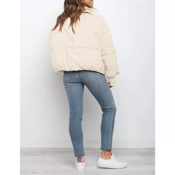 imageZESICA Womens Winter Warm Long Sleeve Zip Up Drawstring Baggy Cropped Puffer Down Jacket Coat OuterwearCream