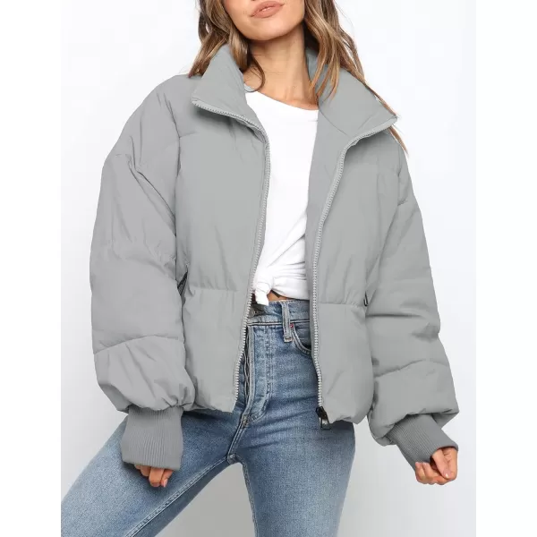 imageZESICA Womens Winter Warm Long Sleeve Zip Up Drawstring Baggy Cropped Puffer Down Jacket Coat OuterwearGrey