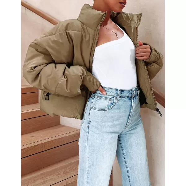 imageZESICA Womens Winter Warm Long Sleeve Zip Up Drawstring Baggy Cropped Puffer Down Jacket Coat OuterwearKhaki