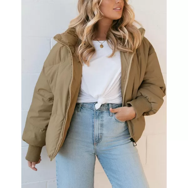 imageZESICA Womens Winter Warm Long Sleeve Zip Up Drawstring Baggy Cropped Puffer Down Jacket Coat OuterwearKhaki