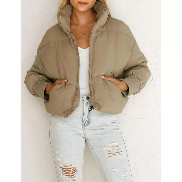imageZESICA Womens Winter Warm Long Sleeve Zip Up Drawstring Baggy Cropped Puffer Down Jacket Coat OuterwearKhaki
