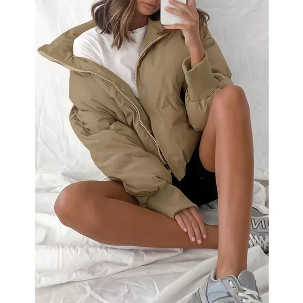 imageZESICA Womens Winter Warm Long Sleeve Zip Up Drawstring Baggy Cropped Puffer Down Jacket Coat OuterwearKhaki