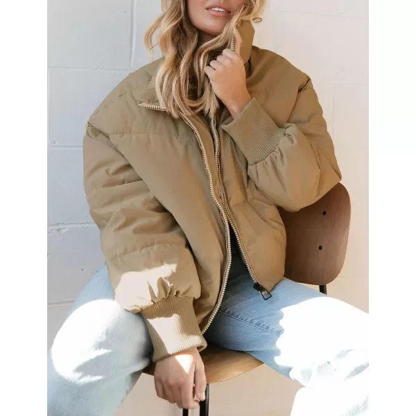 imageZESICA Womens Winter Warm Long Sleeve Zip Up Drawstring Baggy Cropped Puffer Down Jacket Coat OuterwearKhaki