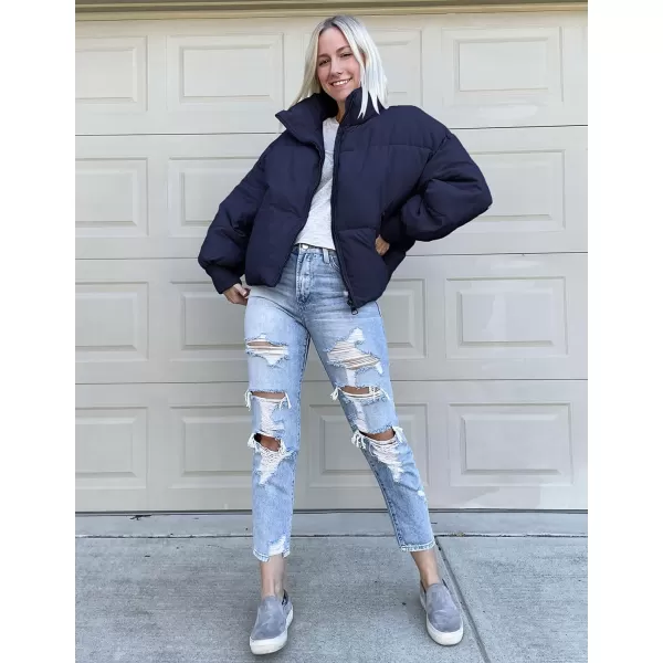 imageZESICA Womens Winter Warm Long Sleeve Zip Up Drawstring Baggy Cropped Puffer Down Jacket Coat OuterwearNavy