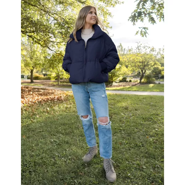 imageZESICA Womens Winter Warm Long Sleeve Zip Up Drawstring Baggy Cropped Puffer Down Jacket Coat OuterwearNavy