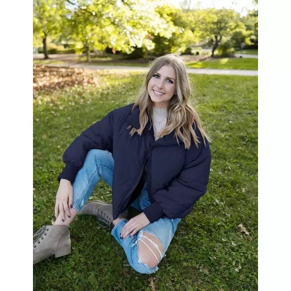 imageZESICA Womens Winter Warm Long Sleeve Zip Up Drawstring Baggy Cropped Puffer Down Jacket Coat OuterwearNavy