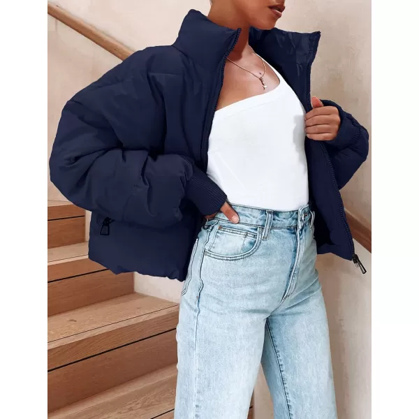imageZESICA Womens Winter Warm Long Sleeve Zip Up Drawstring Baggy Cropped Puffer Down Jacket Coat OuterwearNavy
