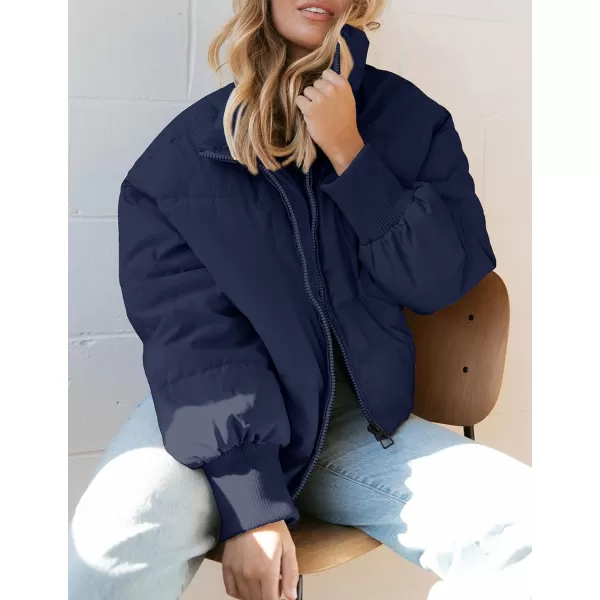 imageZESICA Womens Winter Warm Long Sleeve Zip Up Drawstring Baggy Cropped Puffer Down Jacket Coat OuterwearNavy