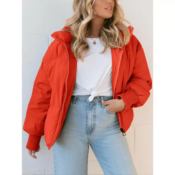 imageZESICA Womens Winter Warm Long Sleeve Zip Up Drawstring Baggy Cropped Puffer Down Jacket Coat OuterwearOrange Red