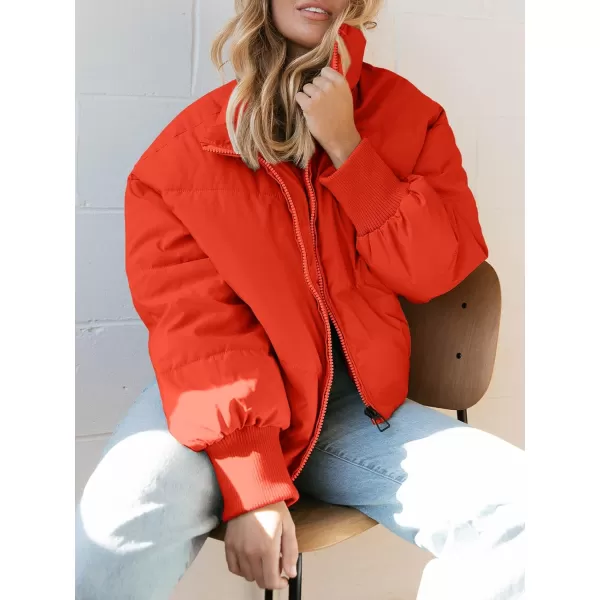 imageZESICA Womens Winter Warm Long Sleeve Zip Up Drawstring Baggy Cropped Puffer Down Jacket Coat OuterwearOrange Red