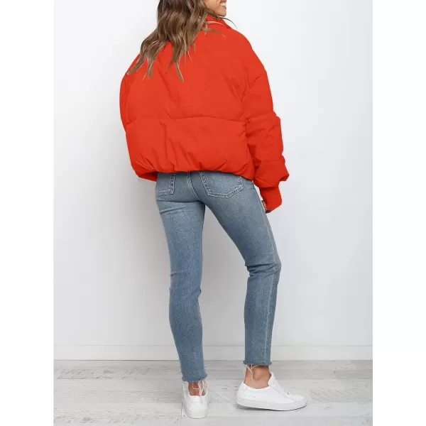 imageZESICA Womens Winter Warm Long Sleeve Zip Up Drawstring Baggy Cropped Puffer Down Jacket Coat OuterwearOrange Red