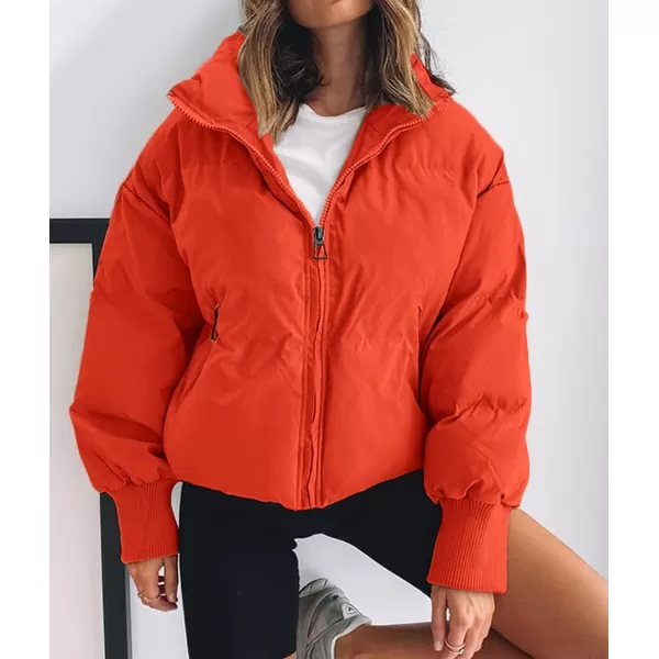 imageZESICA Womens Winter Warm Long Sleeve Zip Up Drawstring Baggy Cropped Puffer Down Jacket Coat OuterwearOrangered