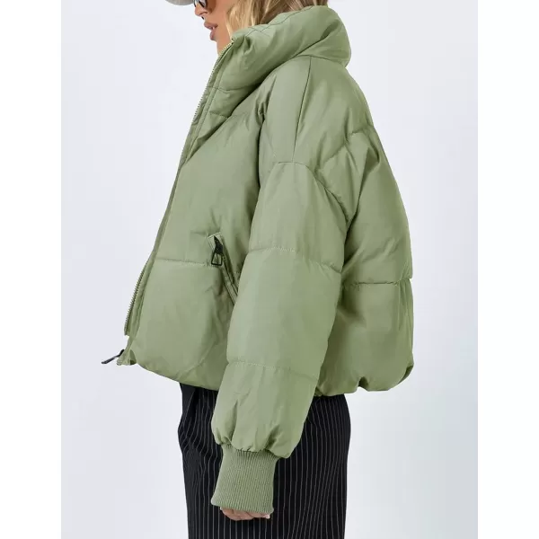 imageZESICA Womens Winter Warm Long Sleeve Zip Up Drawstring Baggy Cropped Puffer Down Jacket Coat OuterwearPea Green