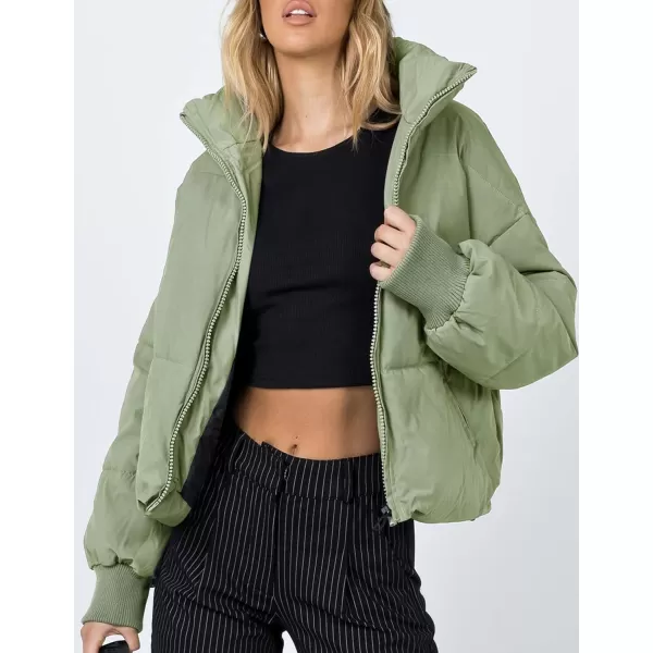 imageZESICA Womens Winter Warm Long Sleeve Zip Up Drawstring Baggy Cropped Puffer Down Jacket Coat OuterwearPea Green