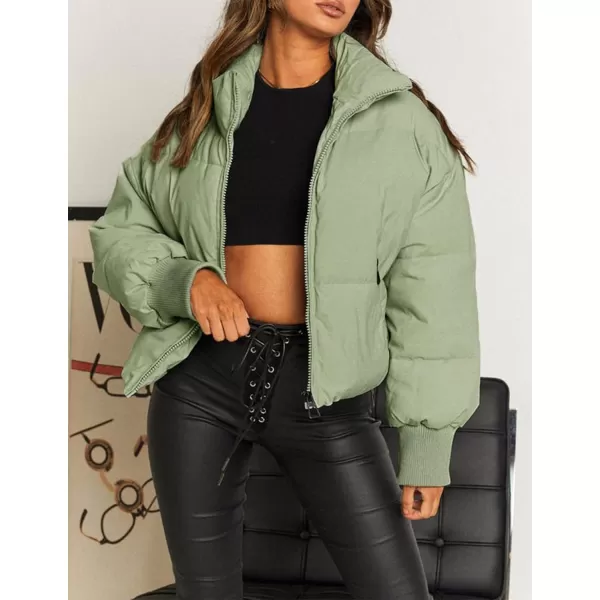 imageZESICA Womens Winter Warm Long Sleeve Zip Up Drawstring Baggy Cropped Puffer Down Jacket Coat OuterwearPea Green