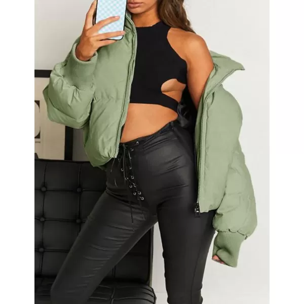 imageZESICA Womens Winter Warm Long Sleeve Zip Up Drawstring Baggy Cropped Puffer Down Jacket Coat OuterwearPea Green