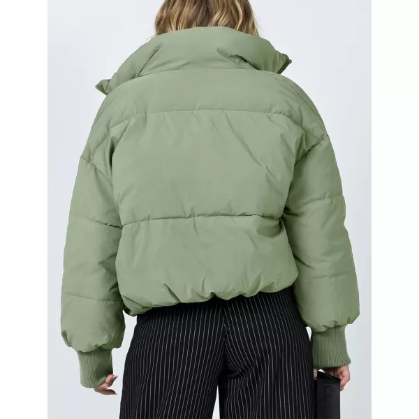 imageZESICA Womens Winter Warm Long Sleeve Zip Up Drawstring Baggy Cropped Puffer Down Jacket Coat OuterwearPea Green