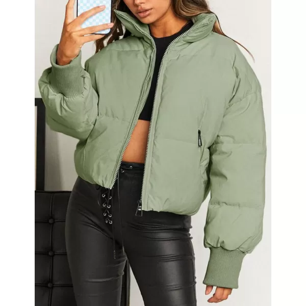 imageZESICA Womens Winter Warm Long Sleeve Zip Up Drawstring Baggy Cropped Puffer Down Jacket Coat OuterwearPea Green