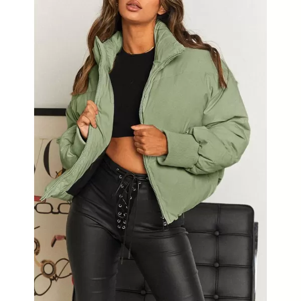 imageZESICA Womens Winter Warm Long Sleeve Zip Up Drawstring Baggy Cropped Puffer Down Jacket Coat OuterwearPea Green
