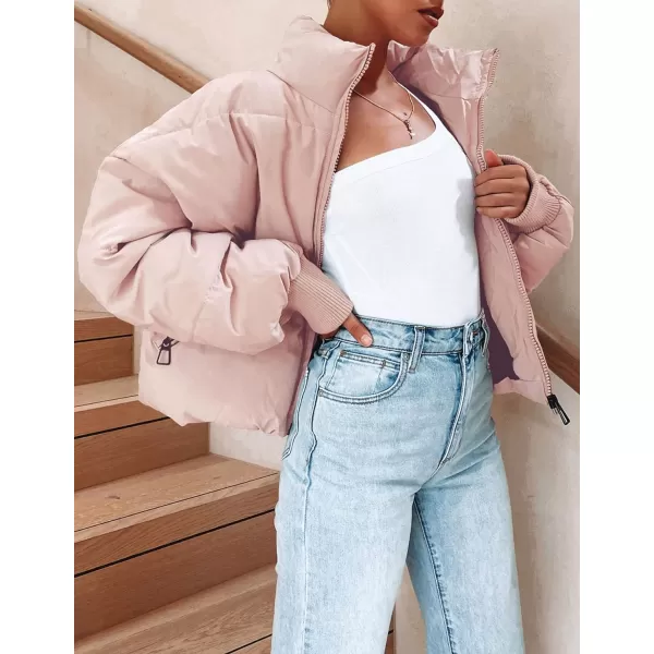 imageZESICA Womens Winter Warm Long Sleeve Zip Up Drawstring Baggy Cropped Puffer Down Jacket Coat OuterwearPink