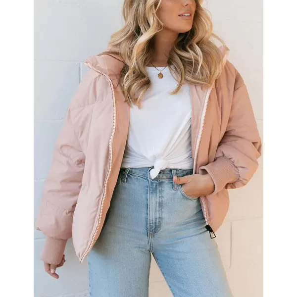 imageZESICA Womens Winter Warm Long Sleeve Zip Up Drawstring Baggy Cropped Puffer Down Jacket Coat OuterwearPink