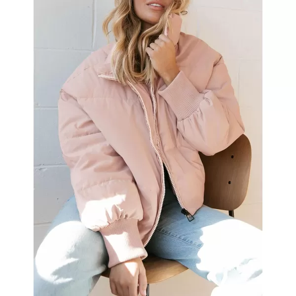 imageZESICA Womens Winter Warm Long Sleeve Zip Up Drawstring Baggy Cropped Puffer Down Jacket Coat OuterwearPink