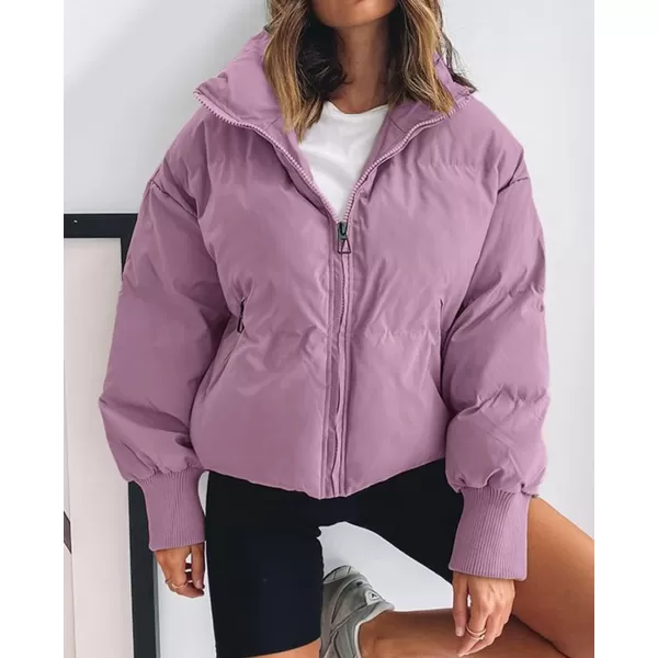 imageZESICA Womens Winter Warm Long Sleeve Zip Up Drawstring Baggy Cropped Puffer Down Jacket Coat OuterwearPurple