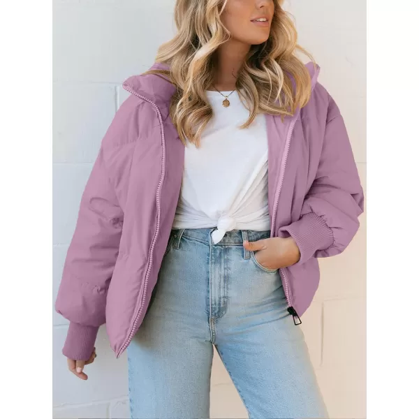 imageZESICA Womens Winter Warm Long Sleeve Zip Up Drawstring Baggy Cropped Puffer Down Jacket Coat OuterwearPurple