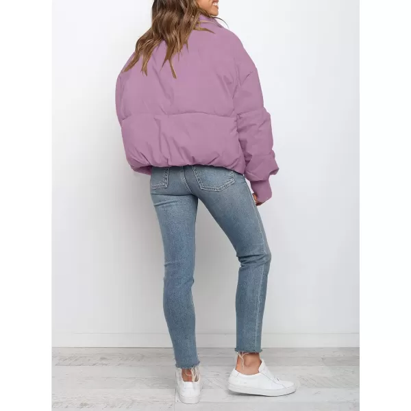 imageZESICA Womens Winter Warm Long Sleeve Zip Up Drawstring Baggy Cropped Puffer Down Jacket Coat OuterwearPurple