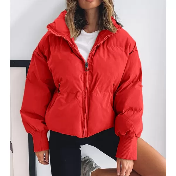imageZESICA Womens Winter Warm Long Sleeve Zip Up Drawstring Baggy Cropped Puffer Down Jacket Coat OuterwearRed
