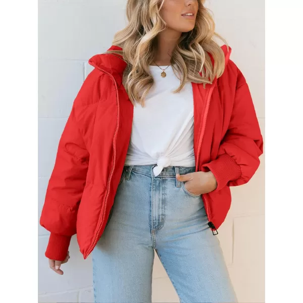 imageZESICA Womens Winter Warm Long Sleeve Zip Up Drawstring Baggy Cropped Puffer Down Jacket Coat OuterwearRed