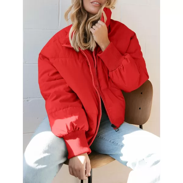 imageZESICA Womens Winter Warm Long Sleeve Zip Up Drawstring Baggy Cropped Puffer Down Jacket Coat OuterwearRed