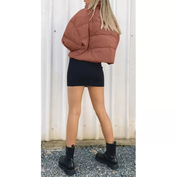 imageZESICA Womens Winter Warm Long Sleeve Zip Up Drawstring Baggy Cropped Puffer Down Jacket Coat OuterwearRed Brown
