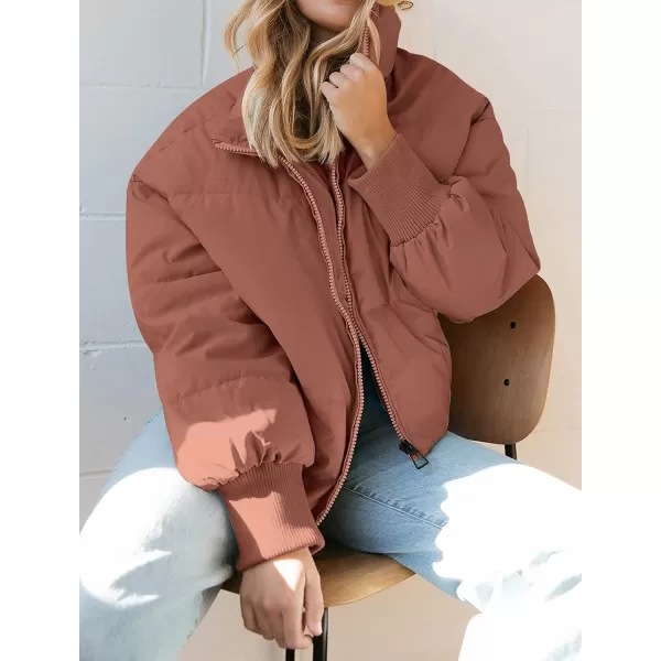 imageZESICA Womens Winter Warm Long Sleeve Zip Up Drawstring Baggy Cropped Puffer Down Jacket Coat OuterwearRed Brown