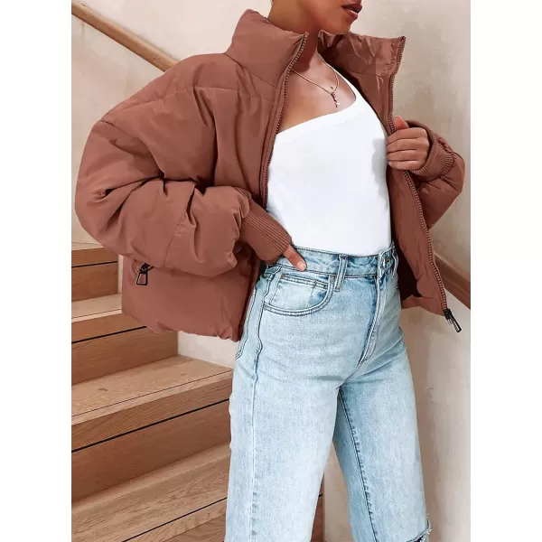 imageZESICA Womens Winter Warm Long Sleeve Zip Up Drawstring Baggy Cropped Puffer Down Jacket Coat OuterwearRed Brown