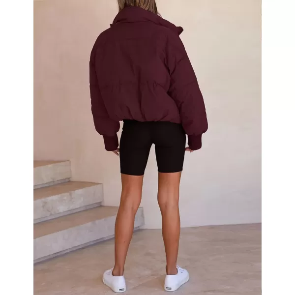 imageZESICA Womens Winter Warm Long Sleeve Zip Up Drawstring Baggy Cropped Puffer Down Jacket Coat OuterwearWine