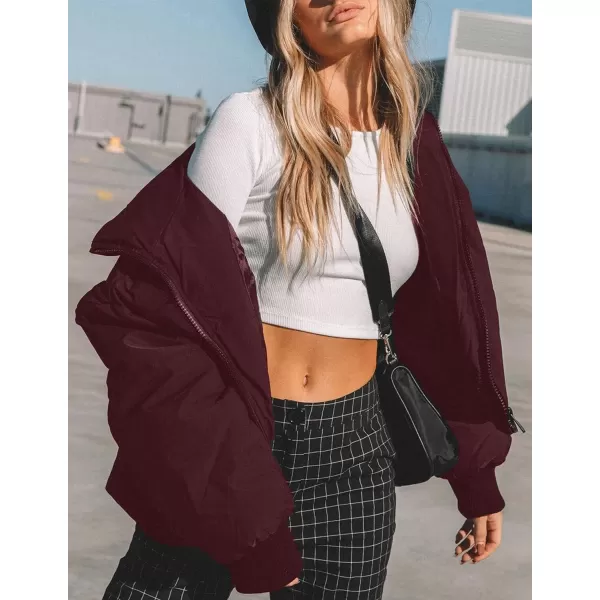 imageZESICA Womens Winter Warm Long Sleeve Zip Up Drawstring Baggy Cropped Puffer Down Jacket Coat OuterwearWine