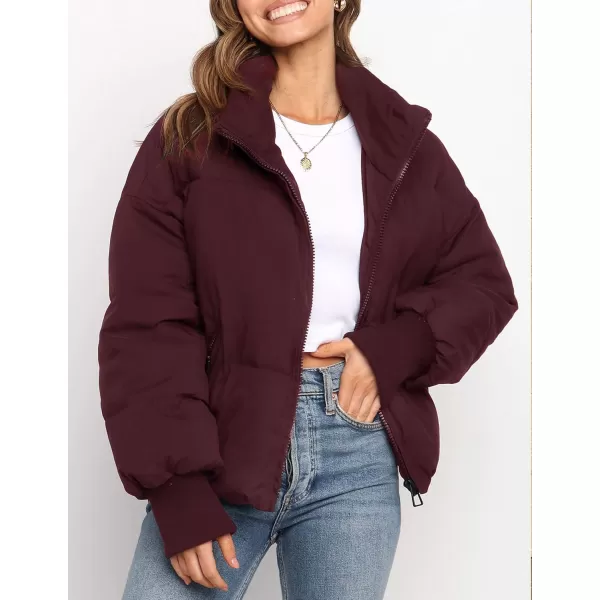 imageZESICA Womens Winter Warm Long Sleeve Zip Up Drawstring Baggy Cropped Puffer Down Jacket Coat OuterwearWine