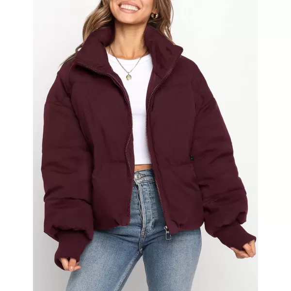 imageZESICA Womens Winter Warm Long Sleeve Zip Up Drawstring Baggy Cropped Puffer Down Jacket Coat OuterwearWine