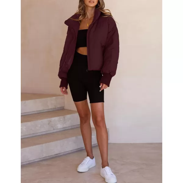 imageZESICA Womens Winter Warm Long Sleeve Zip Up Drawstring Baggy Cropped Puffer Down Jacket Coat OuterwearWine