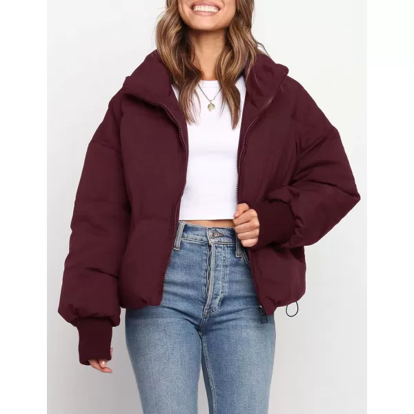 imageZESICA Womens Winter Warm Long Sleeve Zip Up Drawstring Baggy Cropped Puffer Down Jacket Coat OuterwearWine