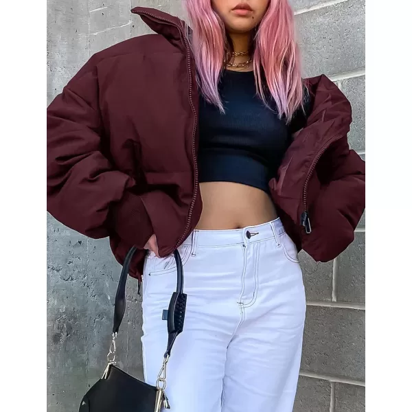 imageZESICA Womens Winter Warm Long Sleeve Zip Up Drawstring Baggy Cropped Puffer Down Jacket Coat OuterwearWine