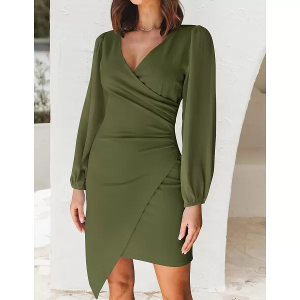 imageZESICA Womens Wrap V Neck Bodycon Mini Dress Puff Long Sleeve Ruched Asymmetrical Hem Cocktail Party Short DressesArmygreen