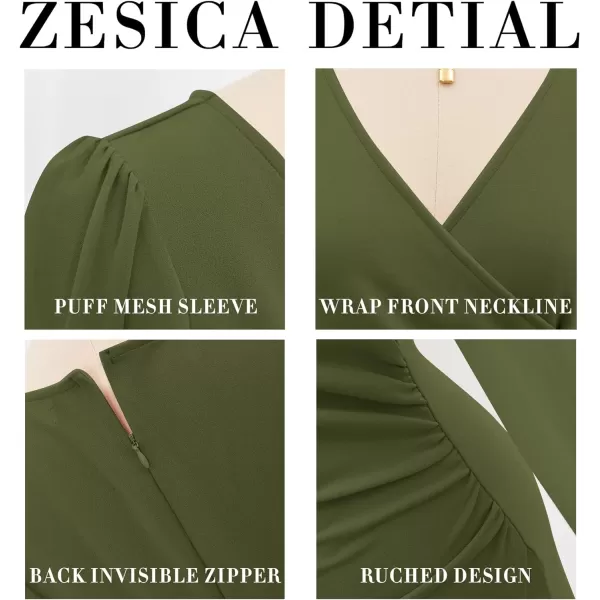 imageZESICA Womens Wrap V Neck Bodycon Mini Dress Puff Long Sleeve Ruched Asymmetrical Hem Cocktail Party Short DressesArmygreen