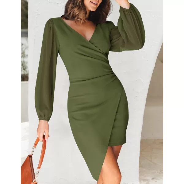 imageZESICA Womens Wrap V Neck Bodycon Mini Dress Puff Long Sleeve Ruched Asymmetrical Hem Cocktail Party Short DressesArmygreen