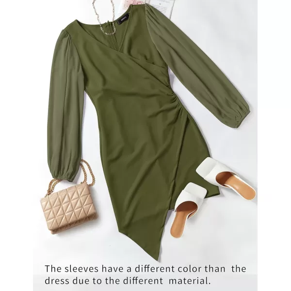 imageZESICA Womens Wrap V Neck Bodycon Mini Dress Puff Long Sleeve Ruched Asymmetrical Hem Cocktail Party Short DressesArmygreen