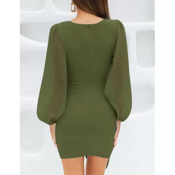 imageZESICA Womens Wrap V Neck Bodycon Mini Dress Puff Long Sleeve Ruched Asymmetrical Hem Cocktail Party Short DressesArmygreen
