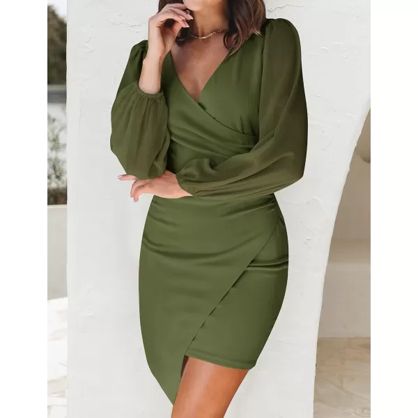 imageZESICA Womens Wrap V Neck Bodycon Mini Dress Puff Long Sleeve Ruched Asymmetrical Hem Cocktail Party Short DressesArmygreen